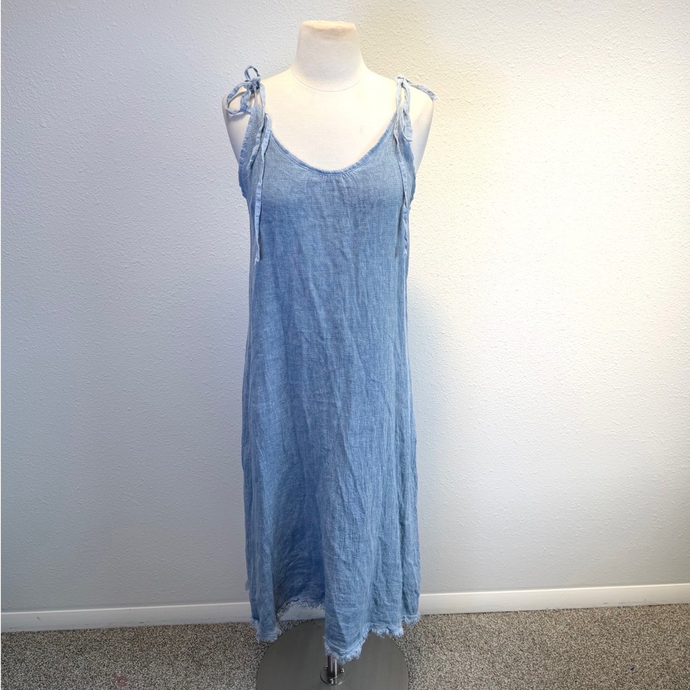 Tempo Paris 100% Linen Blue Midi Dress Sz S/M Resort Vacation Beachy Coastal